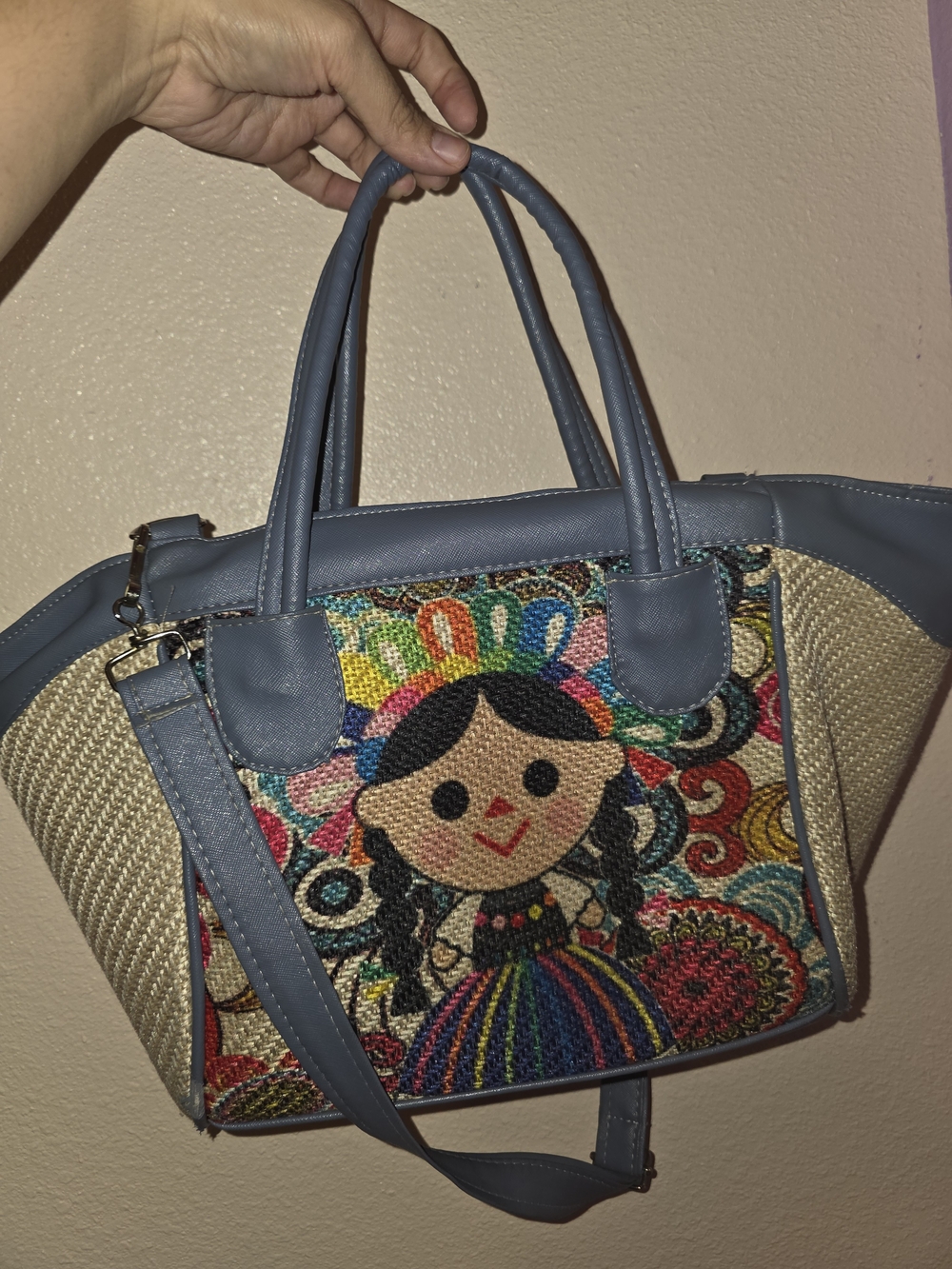 Multicolor Embroidered Girl Panel Blue-Trim Tote